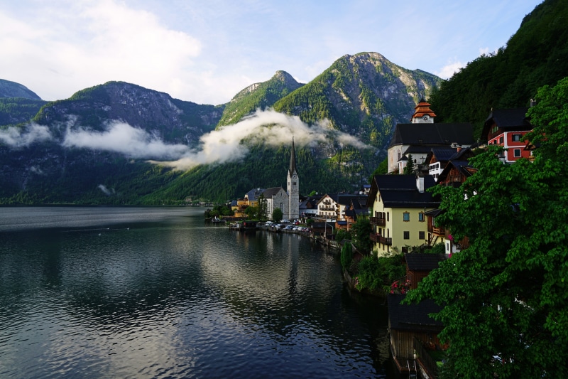 Hallstatt village with mountains and lake, Austria