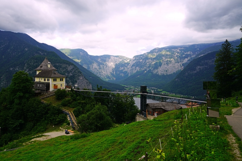Skywalk in Hallstatt, Austria with Mountains and Bridge