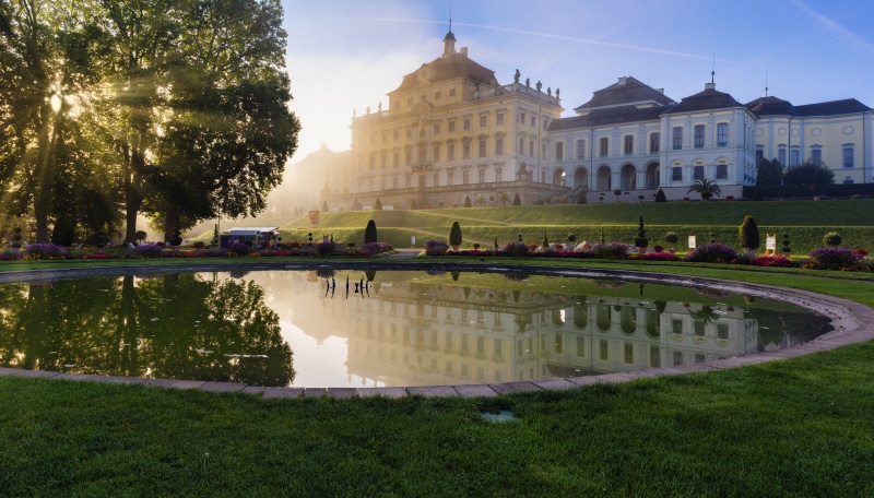 Ludwigsburg Palace Gardens with Pond and Sun Rays