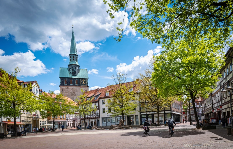 Osterode Town Square with Church Tower and Half-Timbered Houses