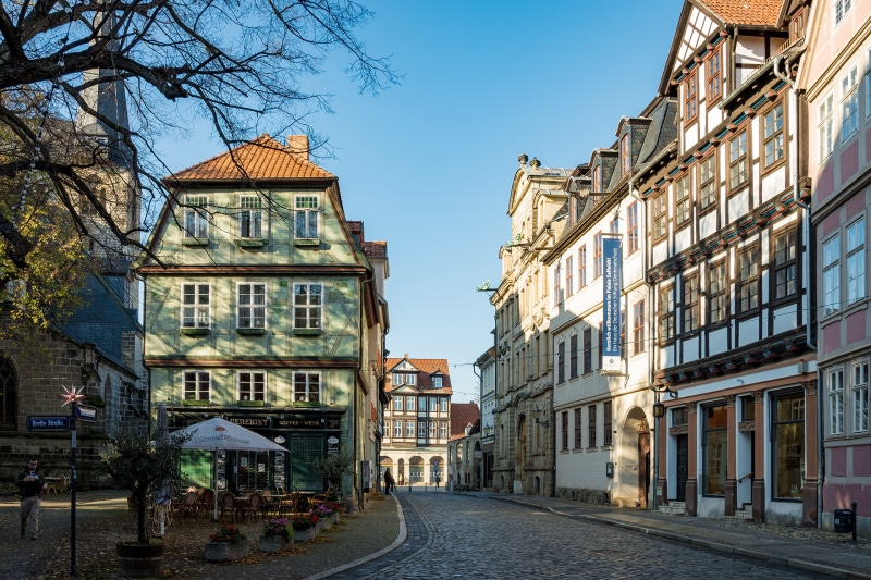 Street view of historic houses in Quedlinburg, Germany
