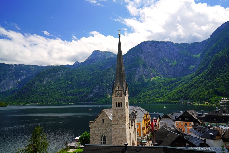 Hallstatt Austria Mountains Lake Houses Alps Clouds