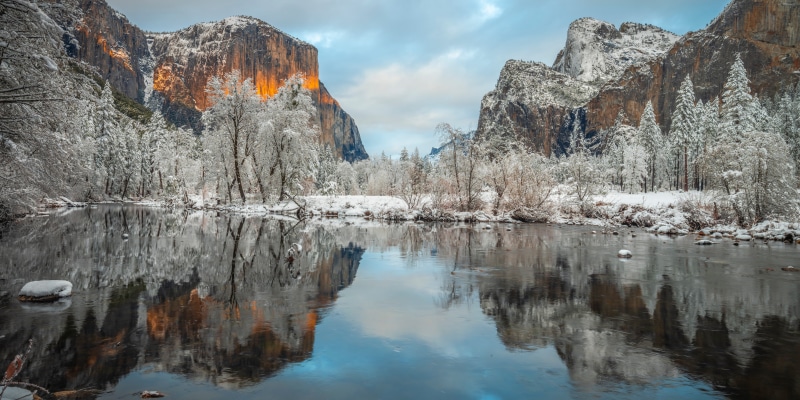 Yosemite National Park in Winter with River Reflection