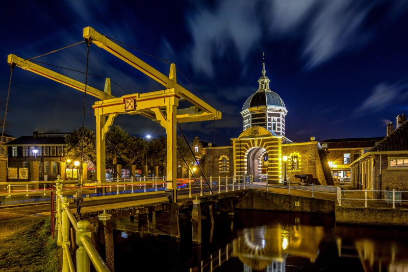 Drawbridge and Gatehouse at Night in Leiden, Netherlands