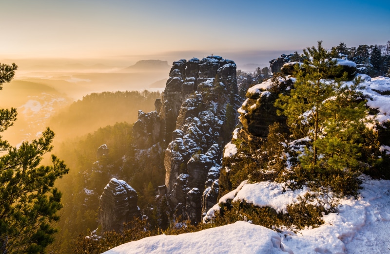 Winter mountains and rock formations in Saxony, Germany