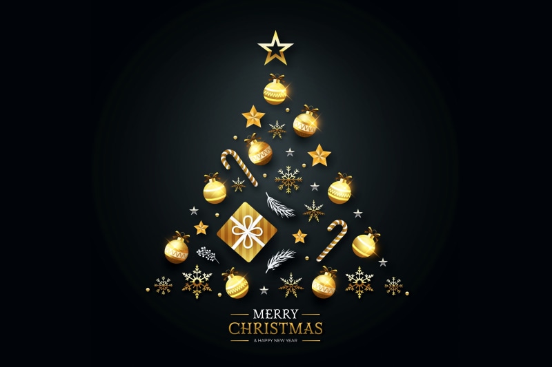 Christmas tree with golden ornaments and text