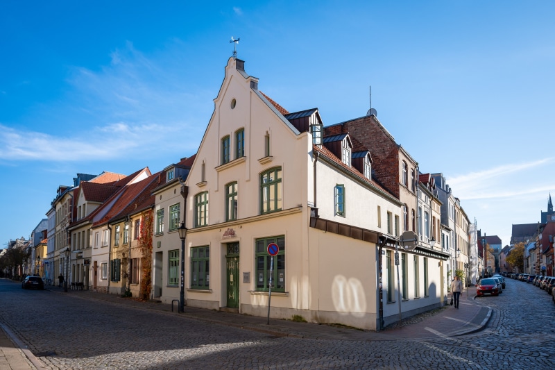 Houses on a cobblestone street in Wismar, Germany