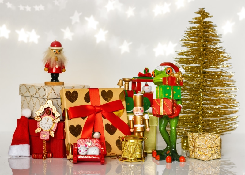 Christmas Gifts with Santa, Frog, and Tree