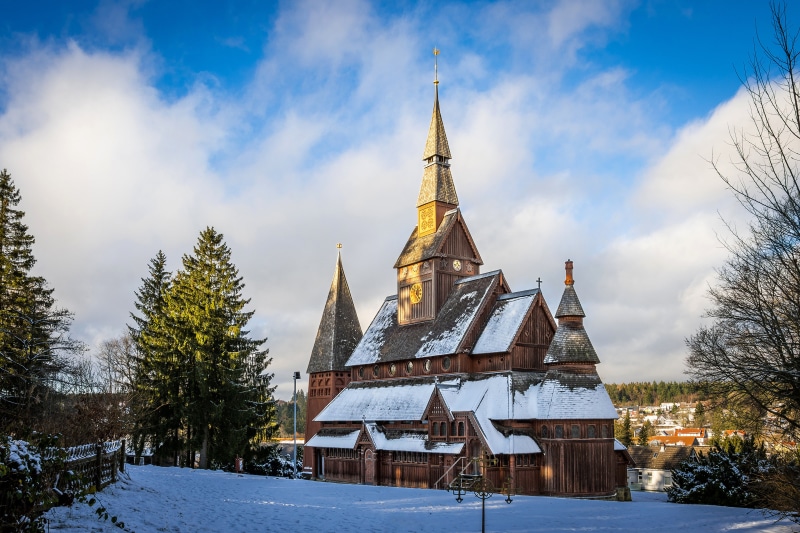 Stave Church in Winter Snow, Goslar, Germany