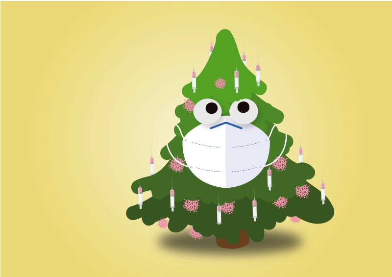 Christmas tree with face mask and syringes