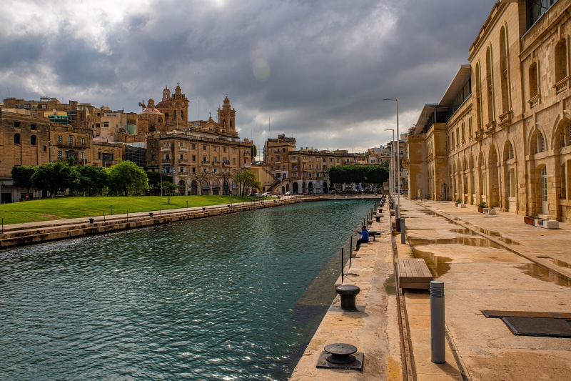 Senglea, Malta Waterfront Canal with Buildings
