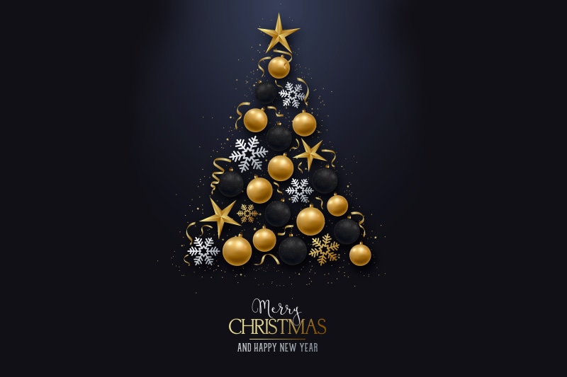 Christmas tree with gold and black ornaments and snowflakes