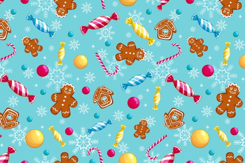 Christmas candies, gingerbread cookies, and snowflakes pattern