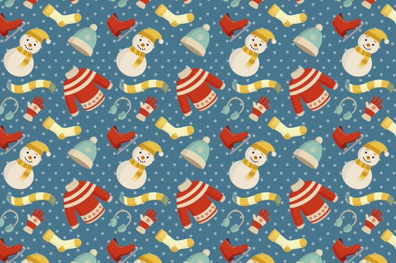 Christmas Winter Pattern with Snowmen, Sweaters, and Ice Skates