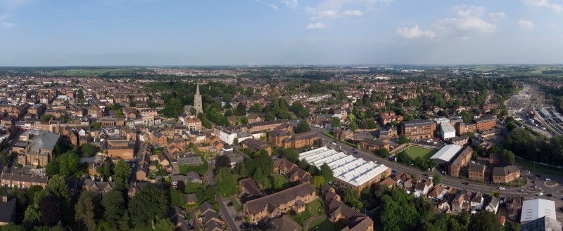 Aerial view of Kettering, England with houses and streets