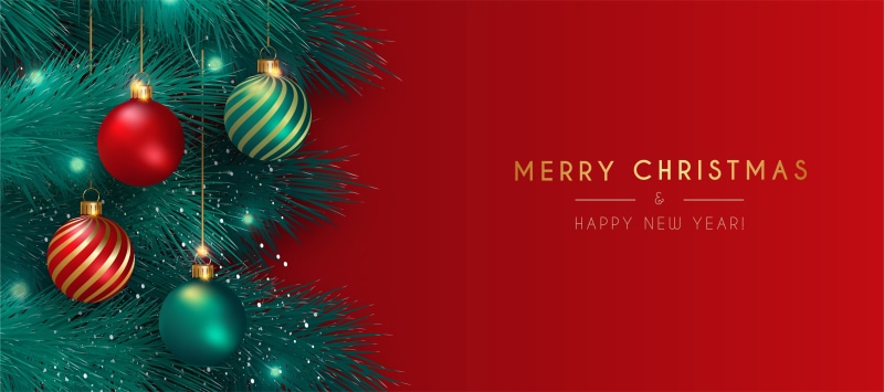 Christmas tree with ornaments and Merry Christmas text