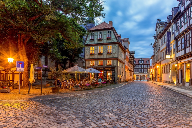 Quedlinburg Germany Street with Houses and Street Lights
