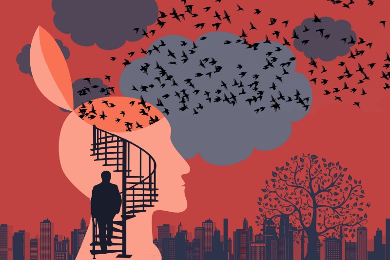 Man climbing stairs inside head with birds flying out