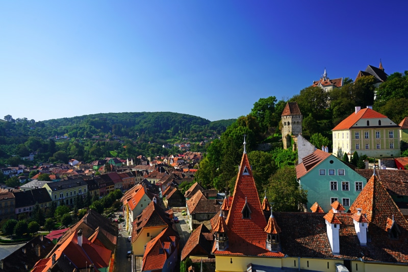 Sighisoara, Romania cityscape with historic buildings