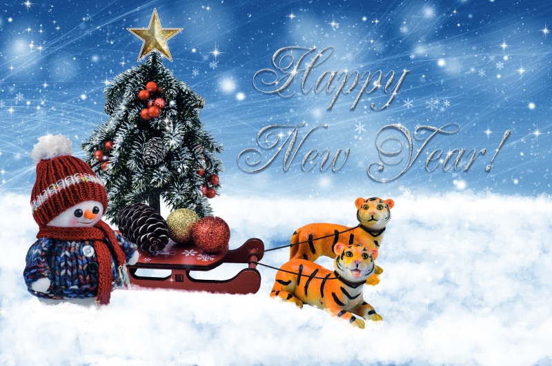 Happy New Year with Snowman, Christmas Tree, and Tigers