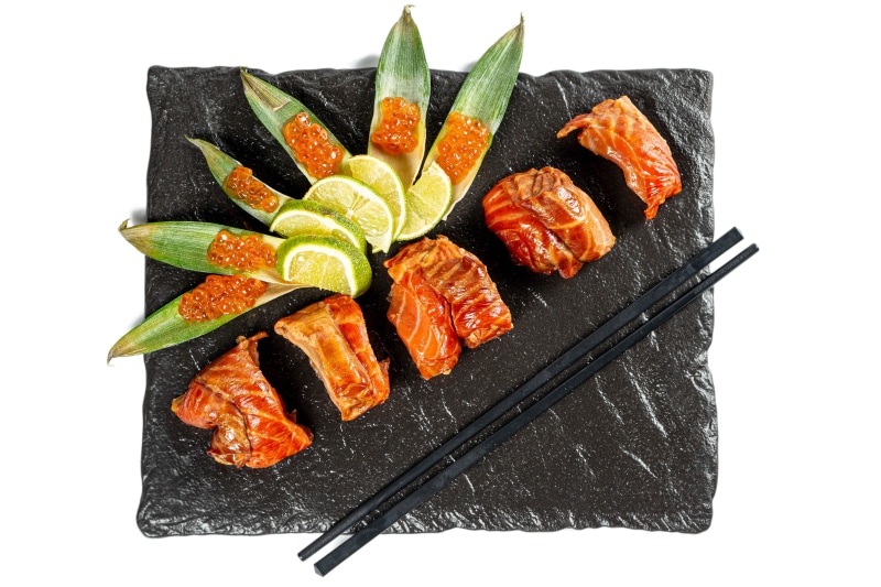 Smoked Salmon with Caviar, Lime, and Chopsticks on Slate