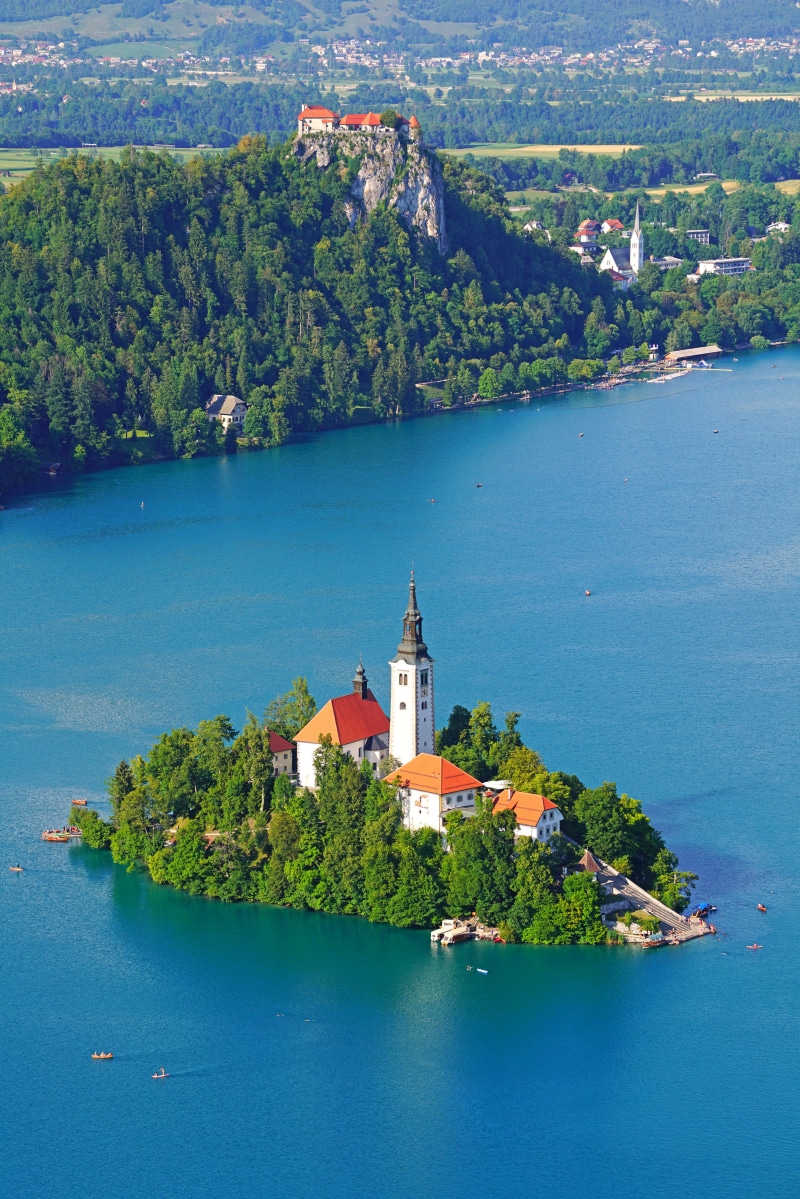 Lake Bled island church and castle, Slovenia