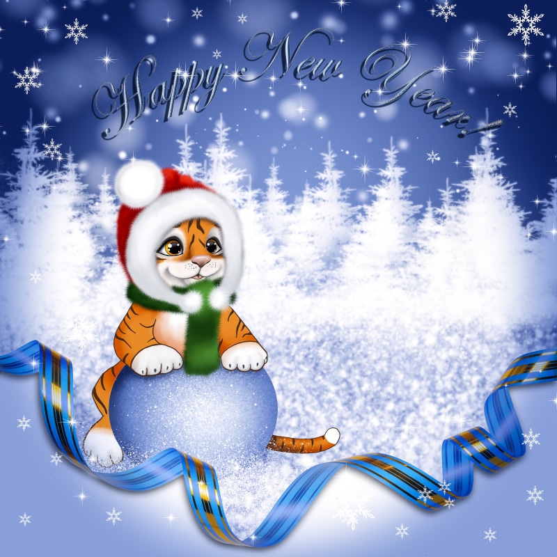 Happy New Year Tiger Cub with Snowflakes and Ribbon