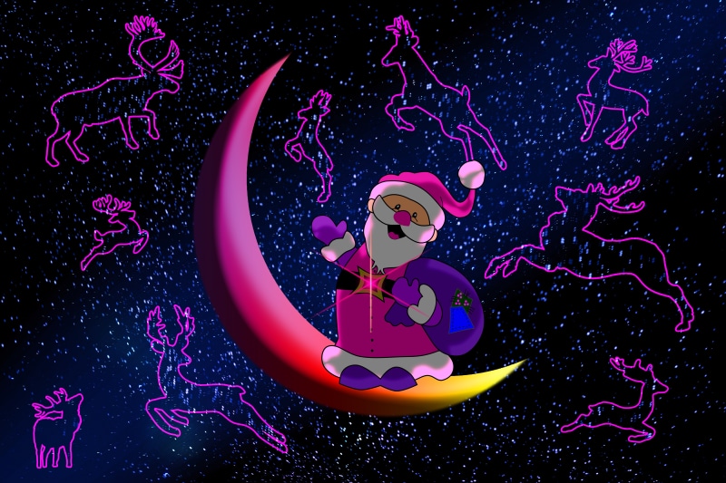 Santa Claus on a Crescent Moon with Reindeer