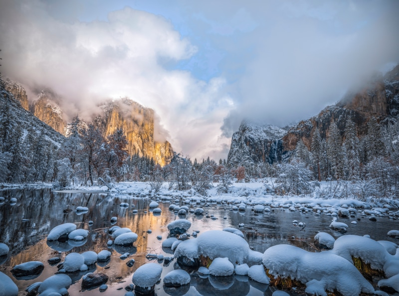 Yosemite National Park in Winter with Snow and Mountains