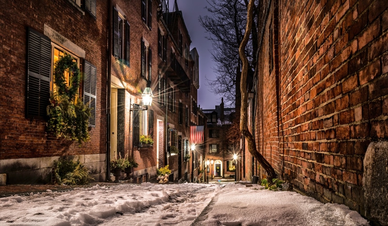 Boston street with snow and Christmas decorations