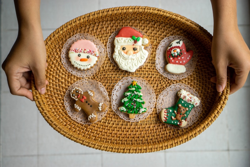 Christmas Cookies on a Wicker Tray