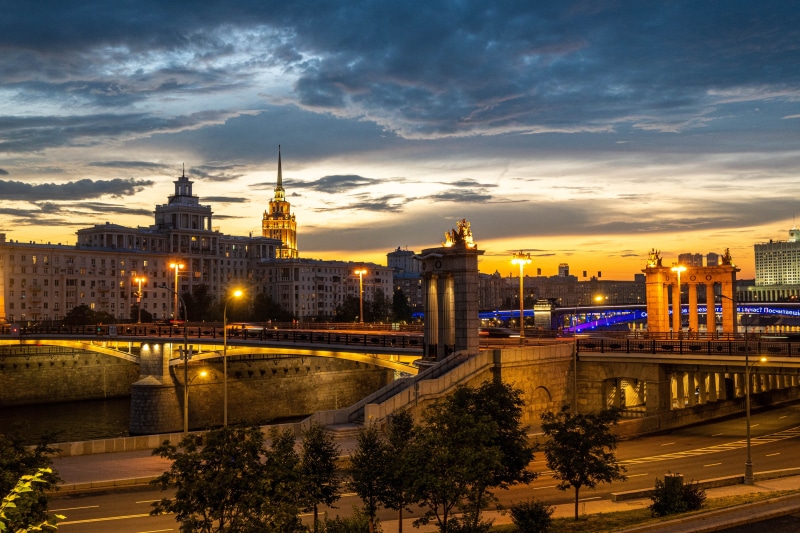 Moscow bridges and buildings at sunset