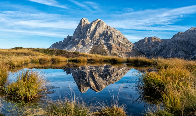 Mountain Reflection in a Lake in the Dolomites, Italy