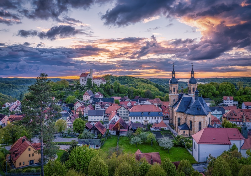 Town with Churches and Castle at Sunset in Germany