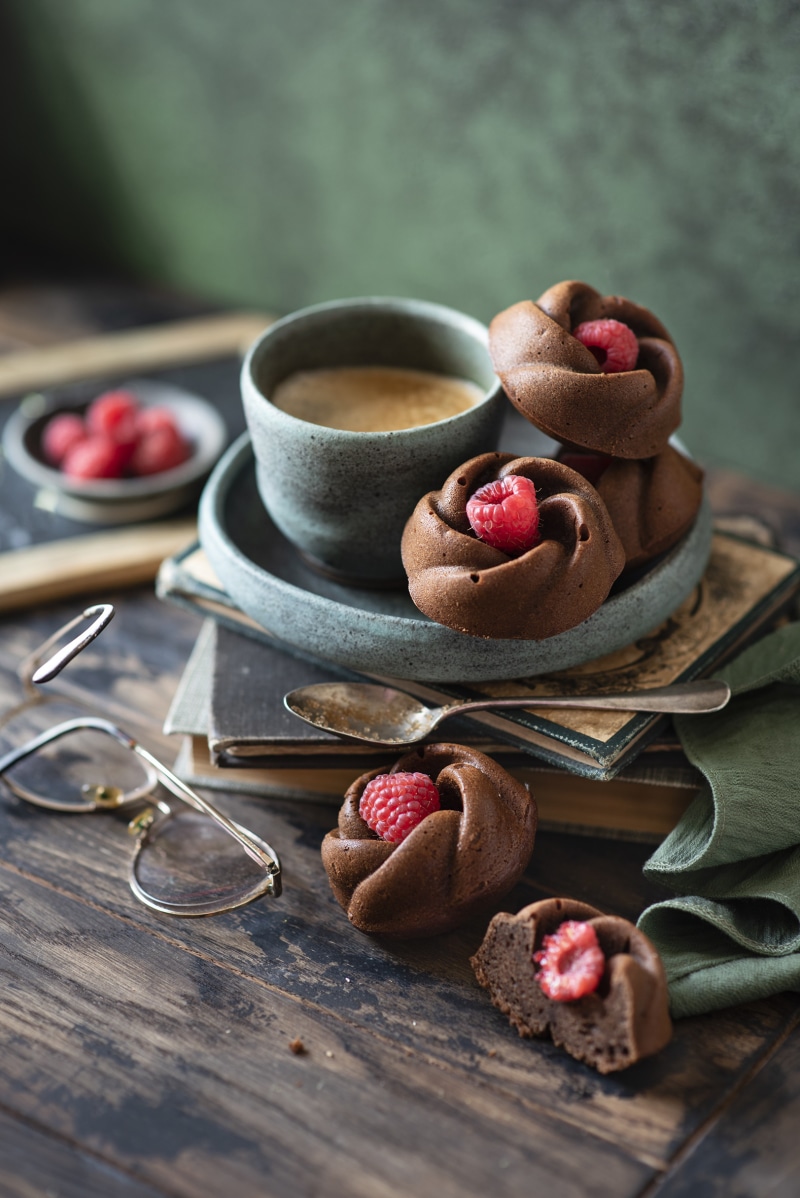 Chocolate raspberry pastries with coffee