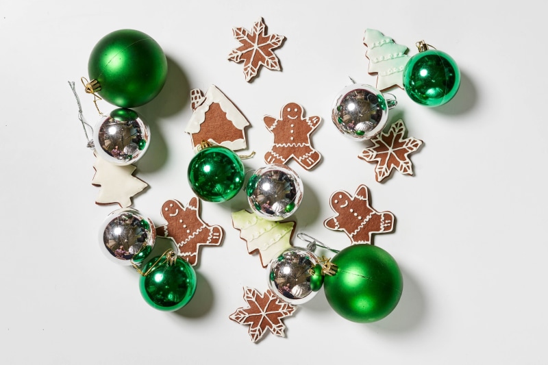Christmas ornaments and gingerbread cookies