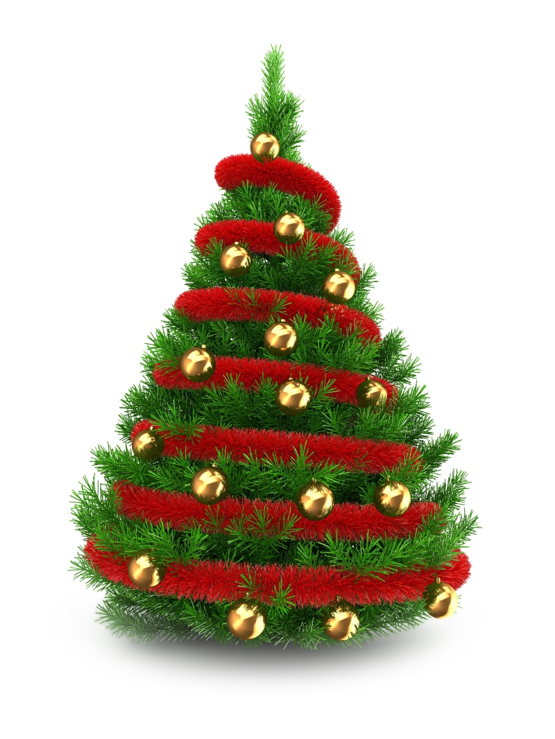 Decorated Christmas tree with red garland and gold ornaments