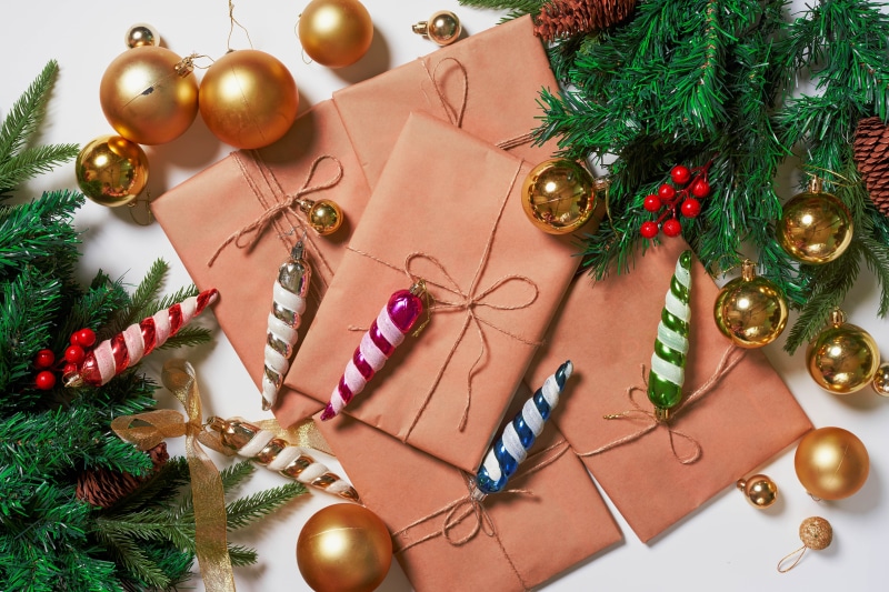 Christmas Gifts with Ornaments and Pine Cones