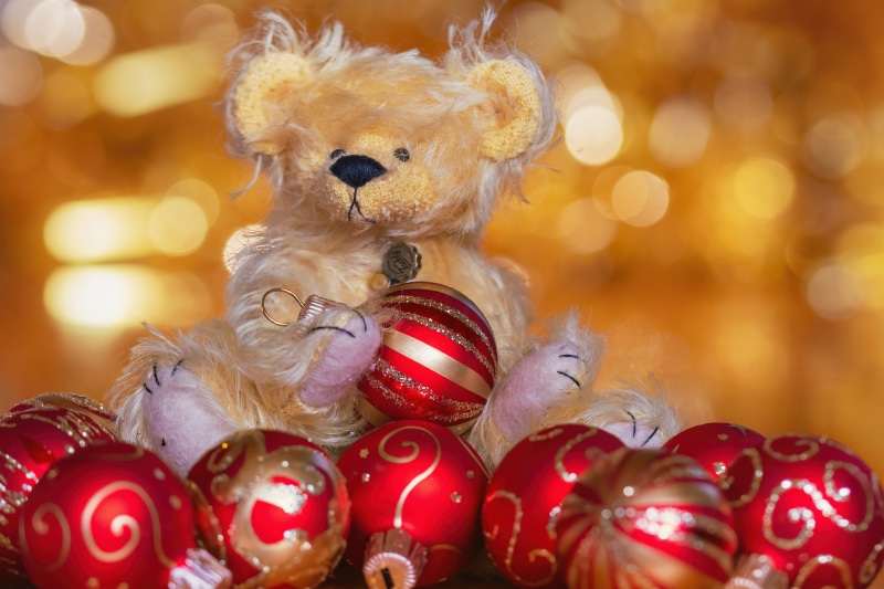 Teddy bear with Christmas ornaments