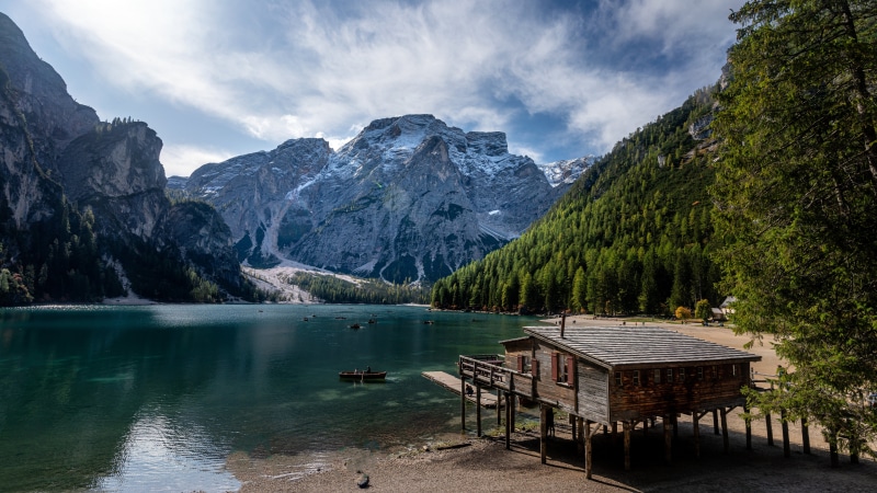 Lake Braies with Mountains and Wooden House, Italy