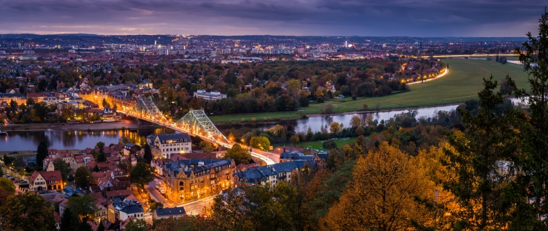 Dresden Panorama with Blue Wonder Bridge at Dusk