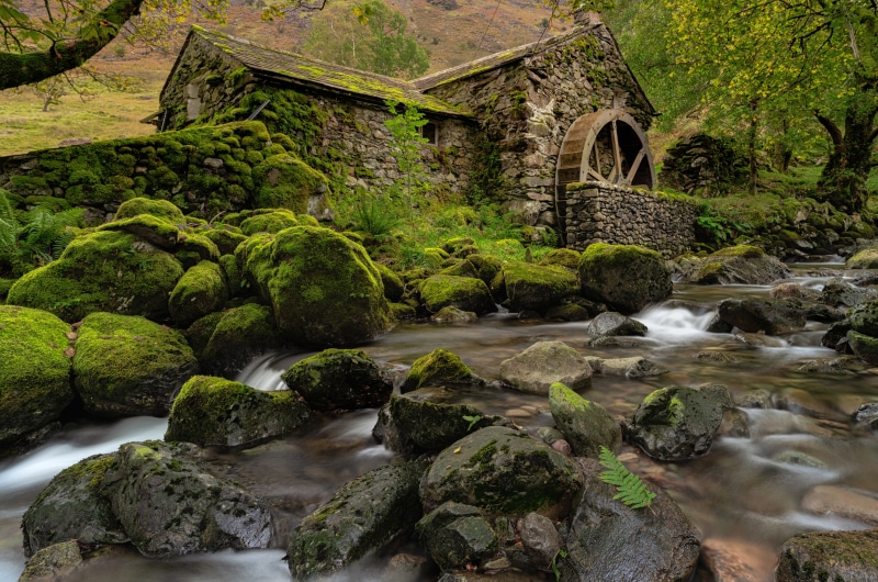 Moss-covered watermill in Borrowdale, England