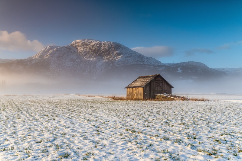 Barn in snowy Hemsedal, Norway mountains