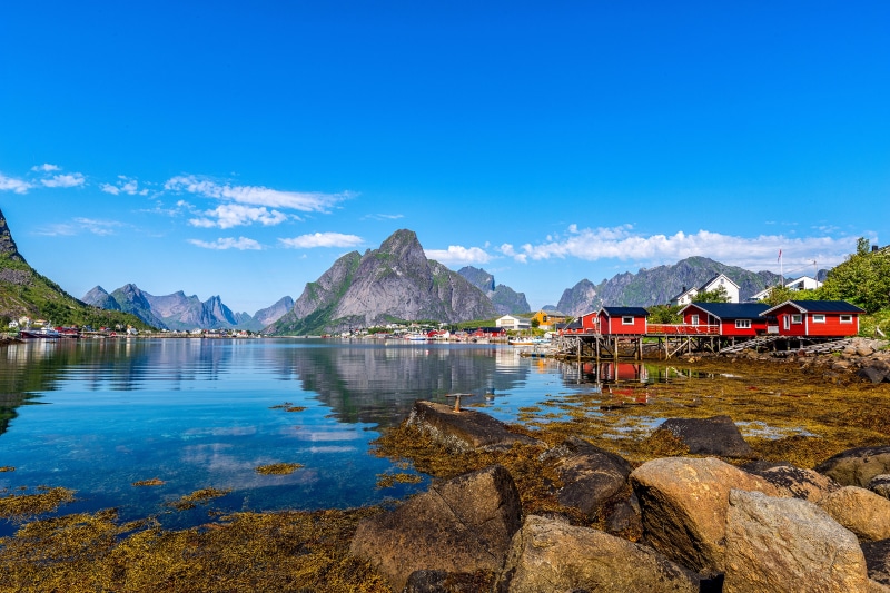 Reine, Lofoten, Norway with Mountains and Red Houses
