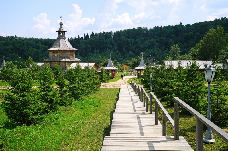 Wooden Church and Boardwalk at Vzglyadnevo, Russia