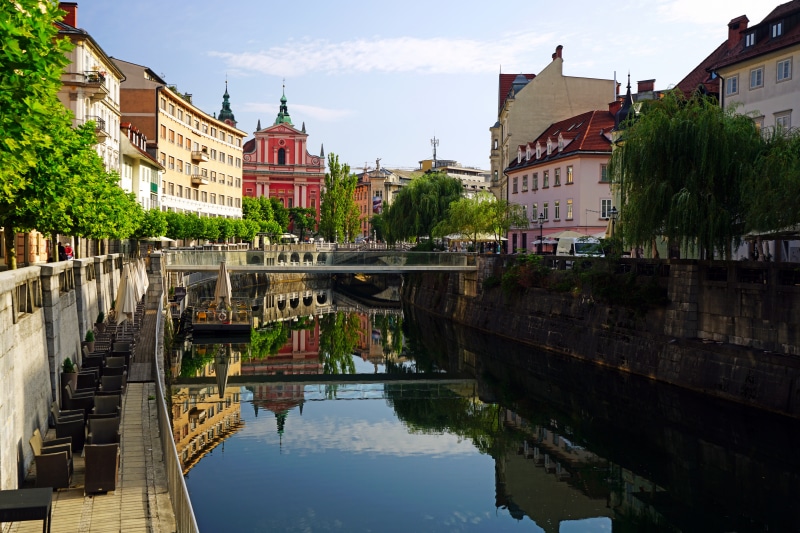 Ljubljana, Slovenia Riverfront with Pink Church and Bridge