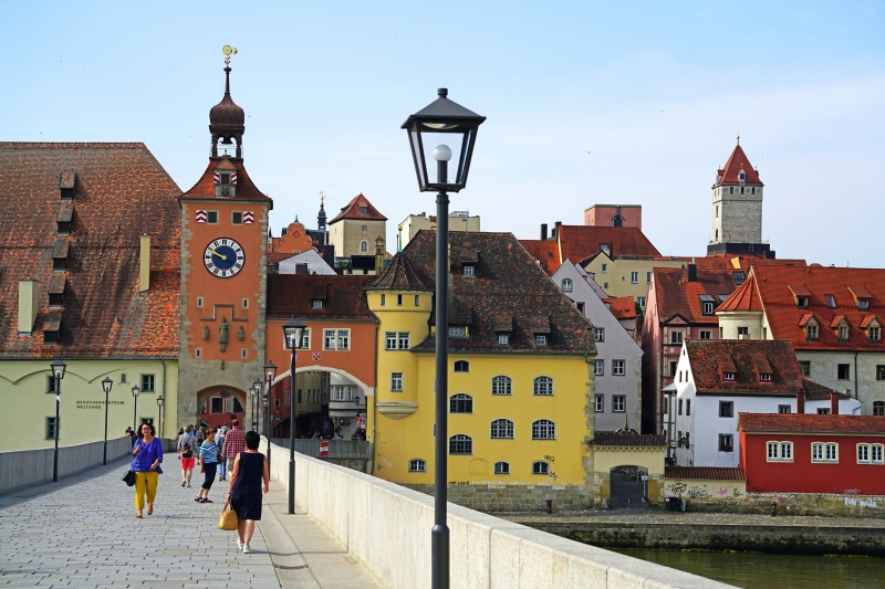 Regensburg Stone Bridge with Clock Tower and Old Town
