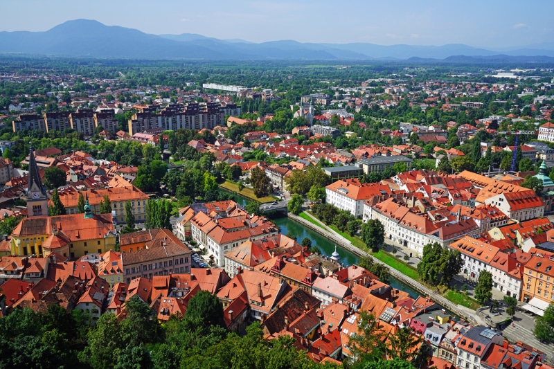 Ljubljana, Slovenia: Aerial View of Cityscape with River and Mountains