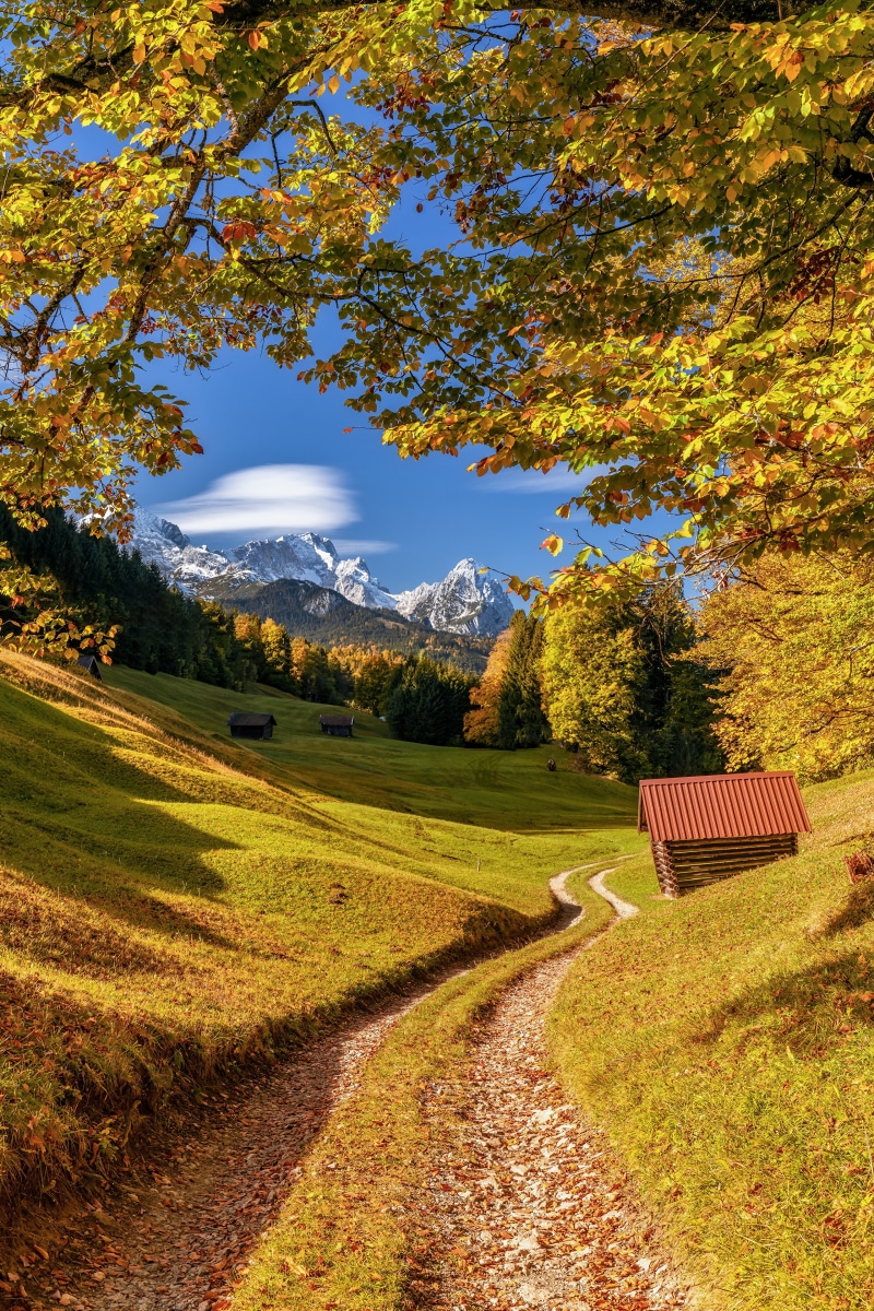 Autumn landscape with mountains and a dirt road in Bavaria