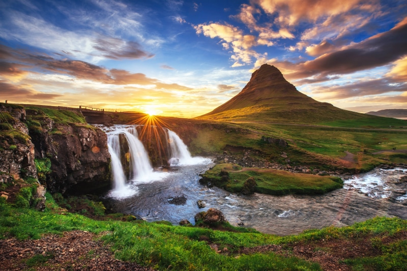 Kirkjufell Mountain and Waterfall at Sunrise, Iceland